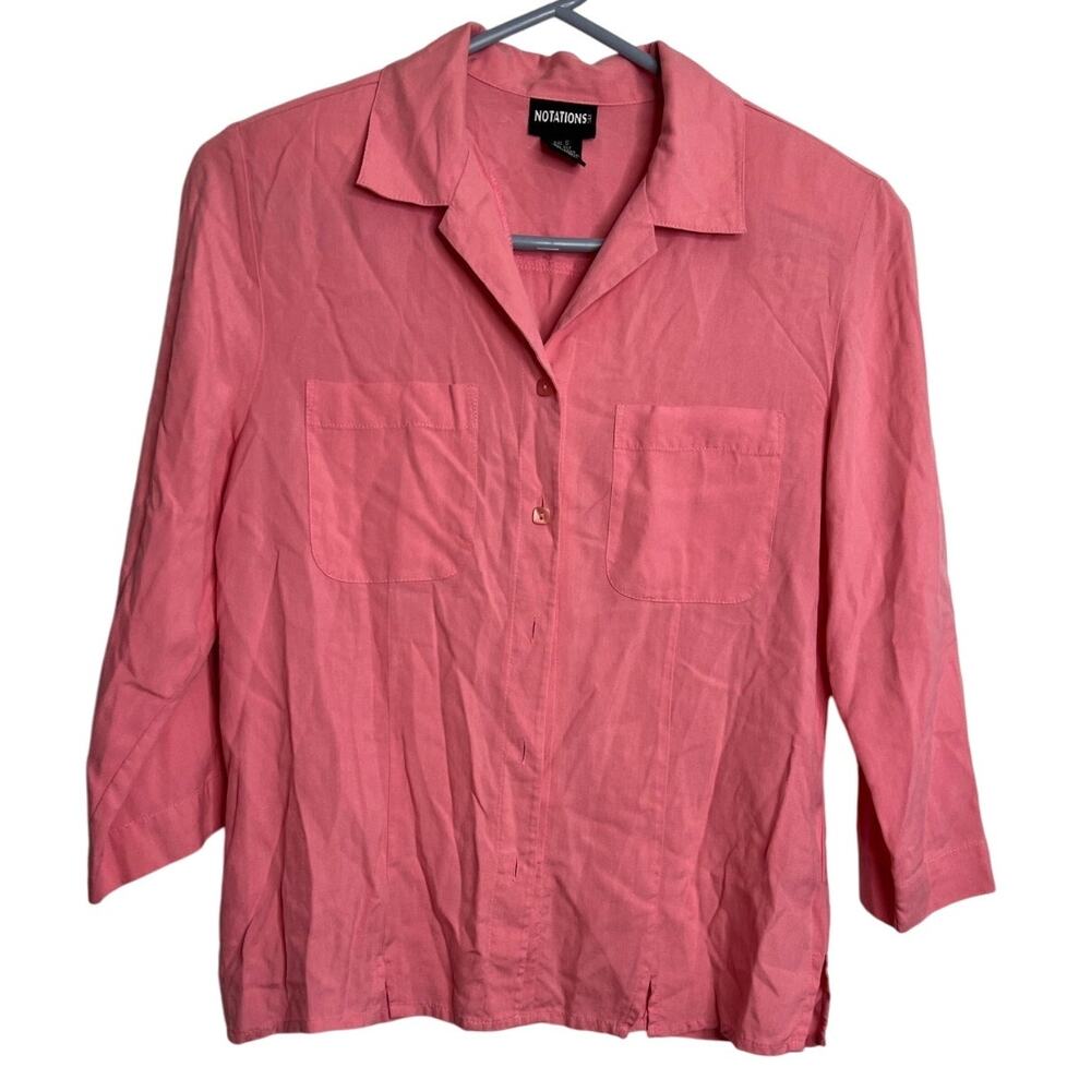 Vtg. Notions Career Top Womens SM Pink Silk Button Up 3/4 Sleeve Blouse Shirt